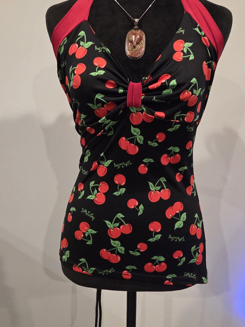 Cherry-Print Halter Tank Top in Black & Red